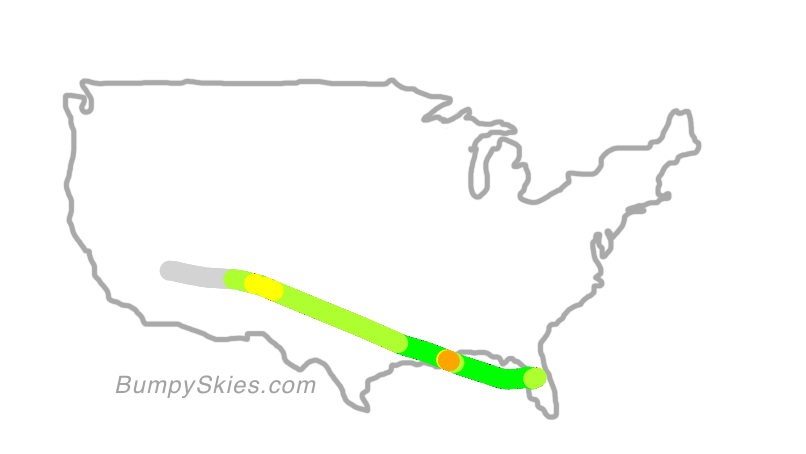 Map of continental US with illustrated flight path and turbulence forecast (described in text below)