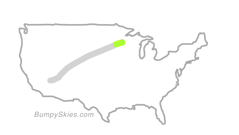 Map of continental US with illustrated flight path and turbulence forecast (described in text below)