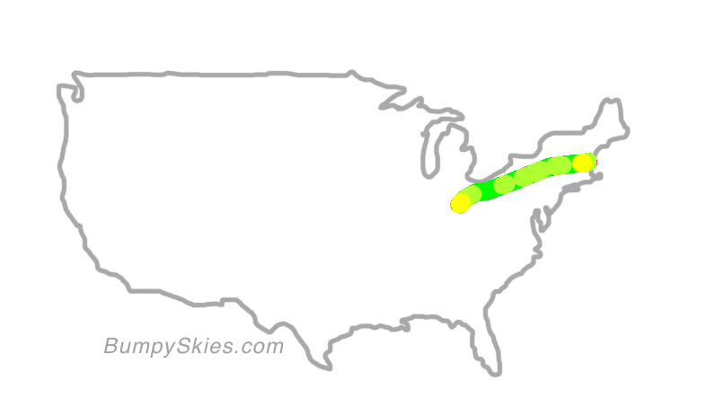 Map of continental US with illustrated flight path and turbulence forecast (described in text below)
