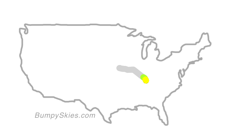 Map of continental US with illustrated flight path and turbulence forecast (described in text below)