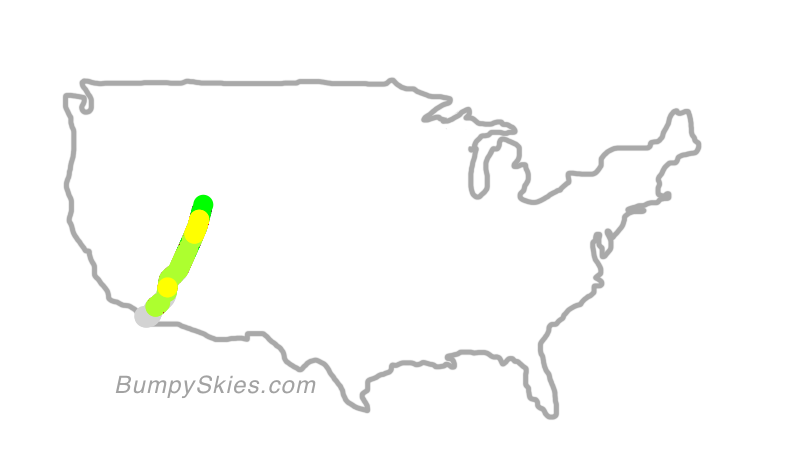 Map of continental US with illustrated flight path and turbulence forecast (described in text below)