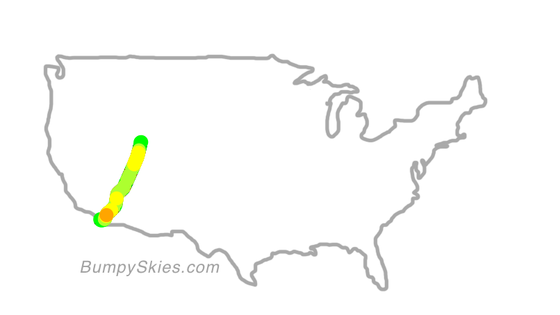 Map of continental US with illustrated flight path and turbulence forecast (described in text below)