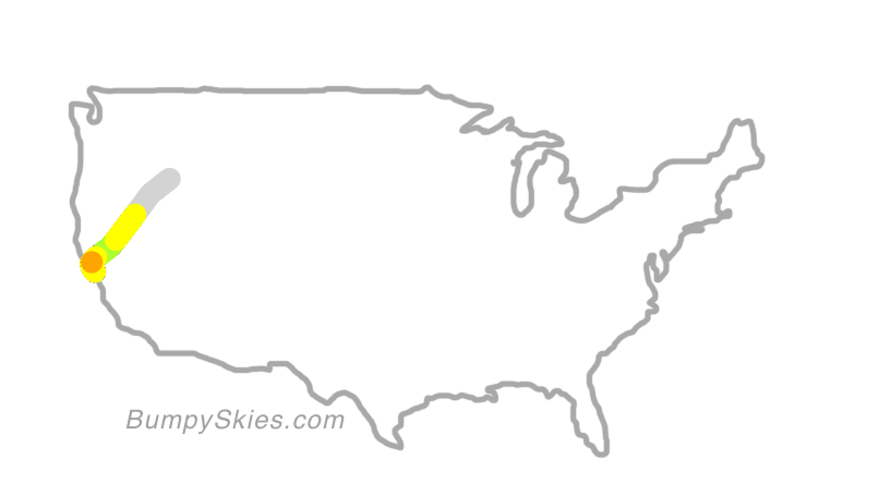 Map of continental US with illustrated flight path and turbulence forecast (described in text below)