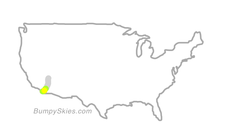 Map of continental US with illustrated flight path and turbulence forecast (described in text below)