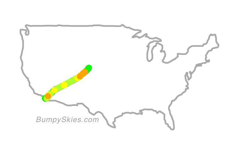 Map of continental US with illustrated flight path and turbulence forecast (described in text below)