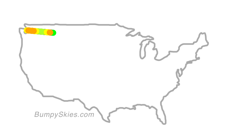 Map of continental US with illustrated flight path and turbulence forecast (described in text below)