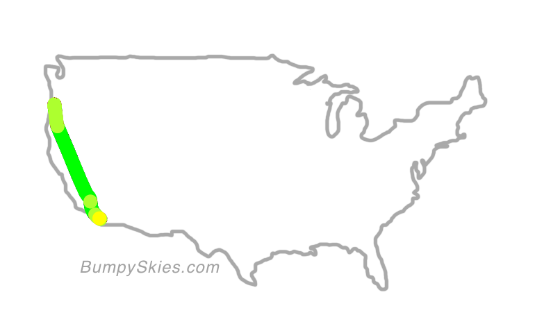 Map of continental US with illustrated flight path and turbulence forecast (described in text below)