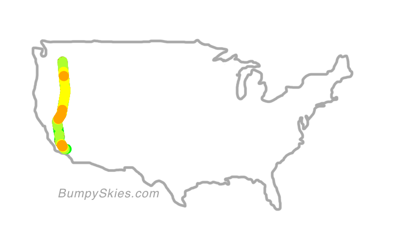 Map of continental US with illustrated flight path and turbulence forecast (described in text below)