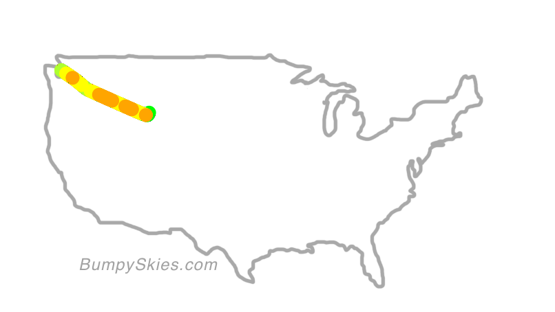 Map of continental US with illustrated flight path and turbulence forecast (described in text below)