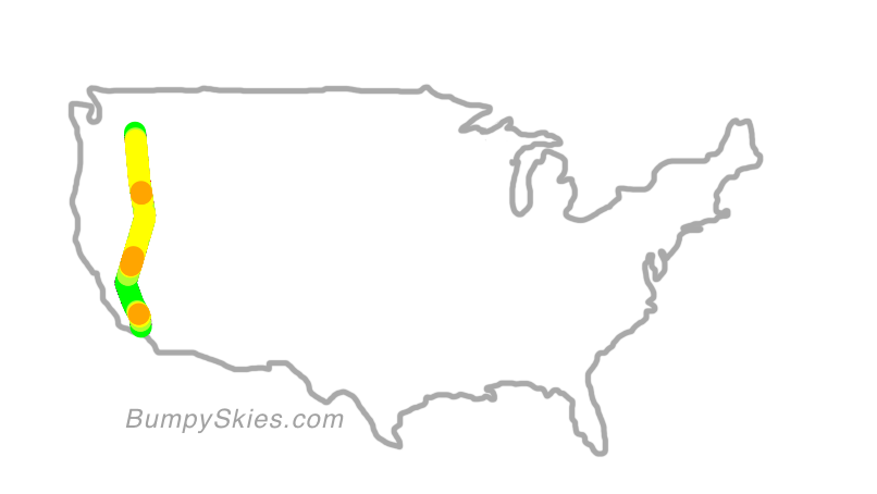 Map of continental US with illustrated flight path and turbulence forecast (described in text below)