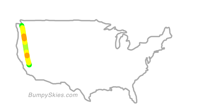 Map of continental US with illustrated flight path and turbulence forecast (described in text below)
