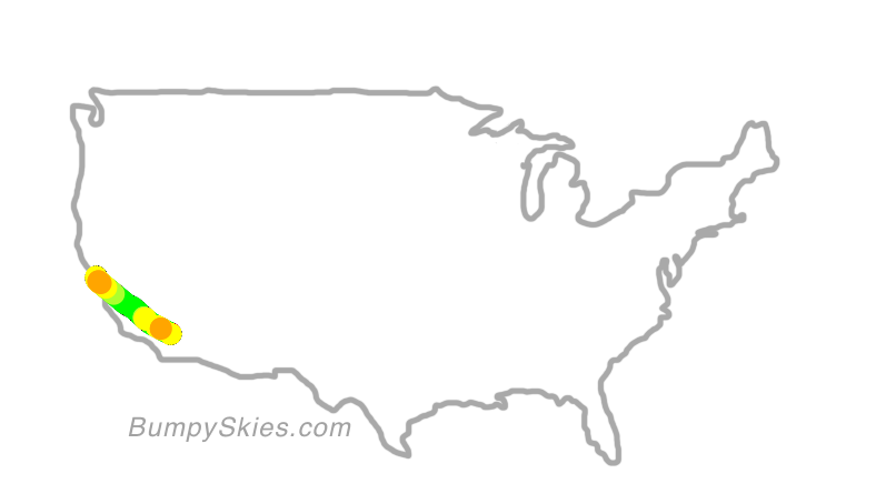 Map of continental US with illustrated flight path and turbulence forecast (described in text below)