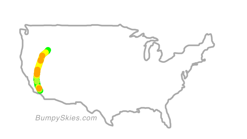 Map of continental US with illustrated flight path and turbulence forecast (described in text below)
