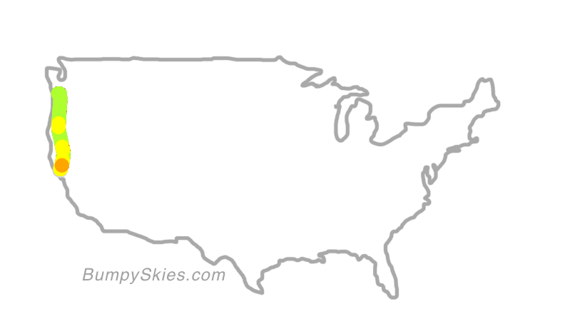 Map of continental US with illustrated flight path and turbulence forecast (described in text below)
