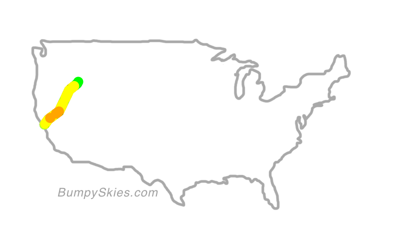 Map of continental US with illustrated flight path and turbulence forecast (described in text below)