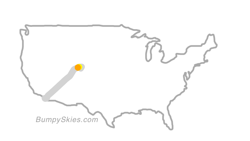 Map of continental US with illustrated flight path and turbulence forecast (described in text below)