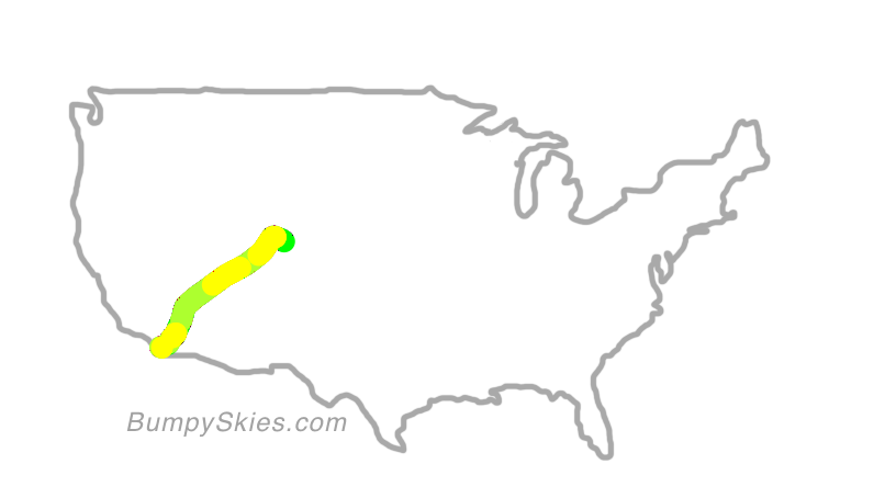 Map of continental US with illustrated flight path and turbulence forecast (described in text below)