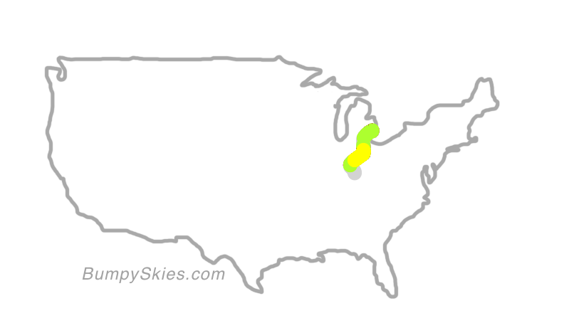 Map of continental US with illustrated flight path and turbulence forecast (described in text below)
