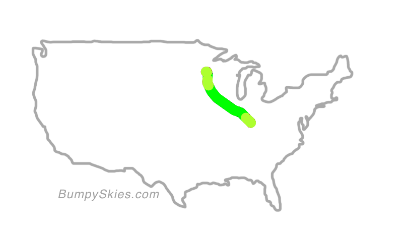 Map of continental US with illustrated flight path and turbulence forecast (described in text below)