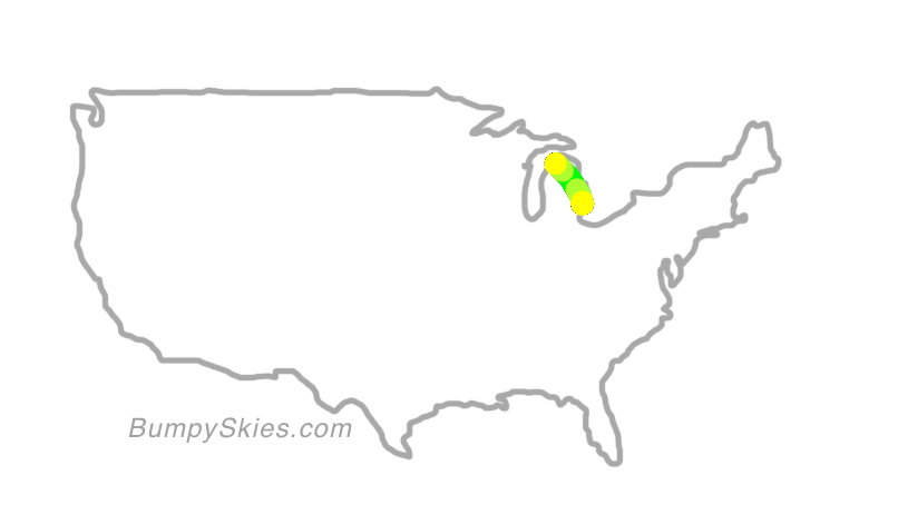 Map of continental US with illustrated flight path and turbulence forecast (described in text below)