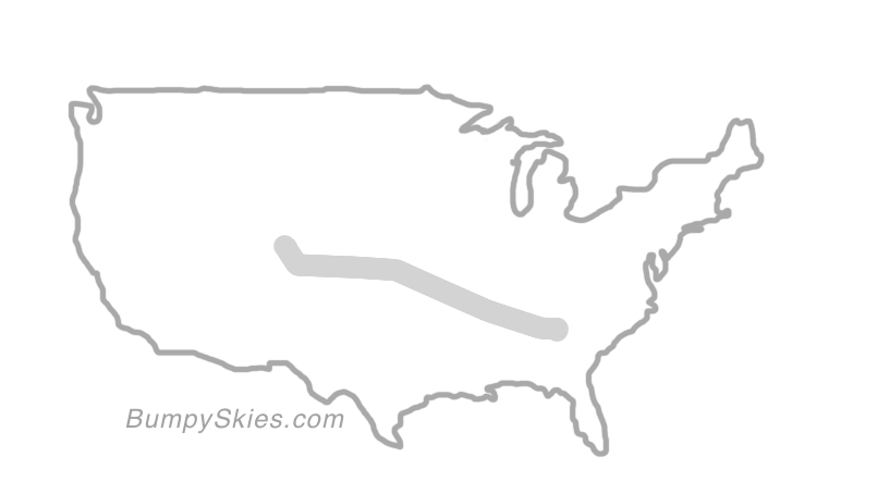 Map of continental US with illustrated flight path and turbulence forecast (described in text below)