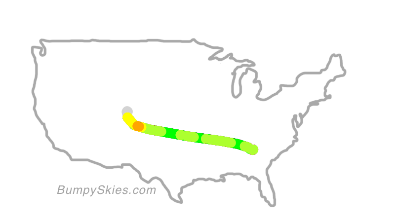Map of continental US with illustrated flight path and turbulence forecast (described in text below)