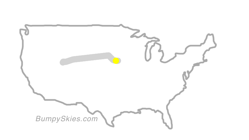 Map of continental US with illustrated flight path and turbulence forecast (described in text below)