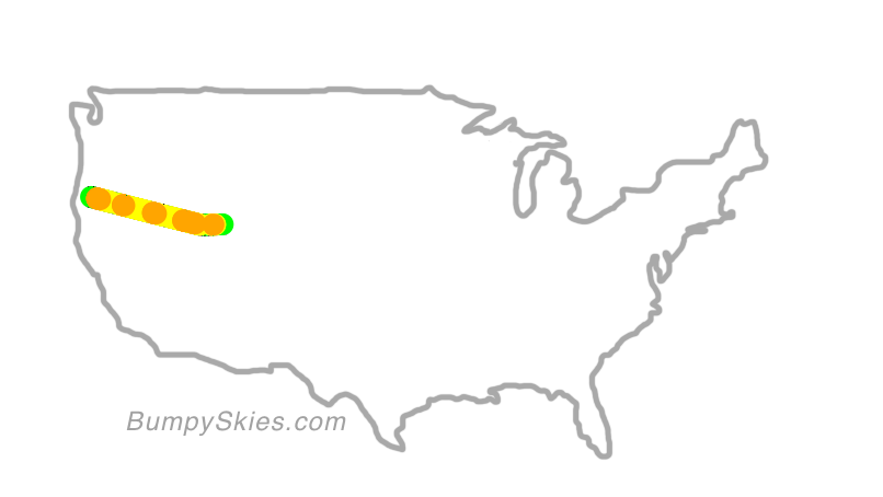 Map of continental US with illustrated flight path and turbulence forecast (described in text below)