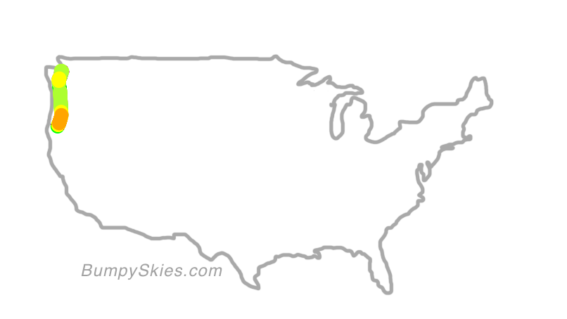 Map of continental US with illustrated flight path and turbulence forecast (described in text below)