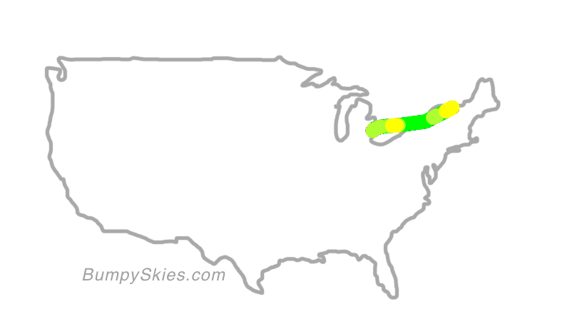 Map of continental US with illustrated flight path and turbulence forecast (described in text below)