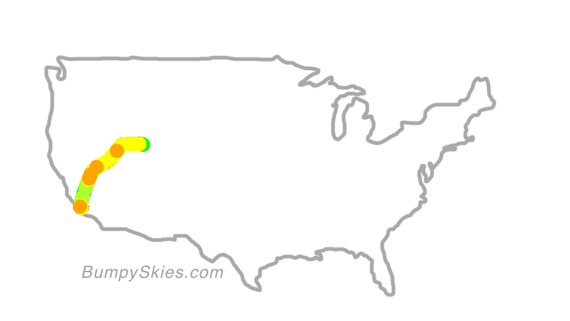 Map of continental US with illustrated flight path and turbulence forecast (described in text below)