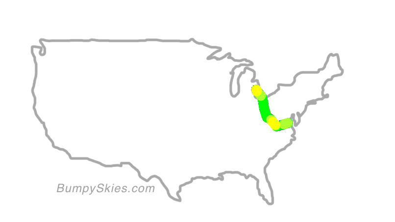 Map of continental US with illustrated flight path and turbulence forecast (described in text below)