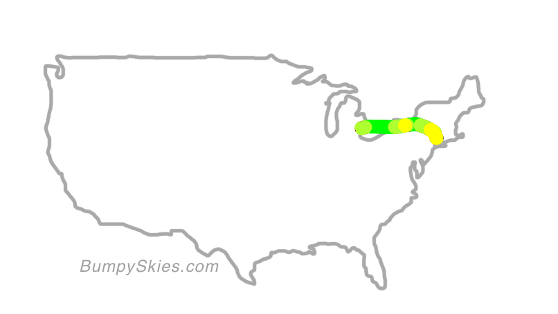 Map of continental US with illustrated flight path and turbulence forecast (described in text below)
