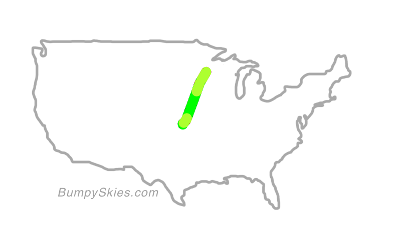 Map of continental US with illustrated flight path and turbulence forecast (described in text below)