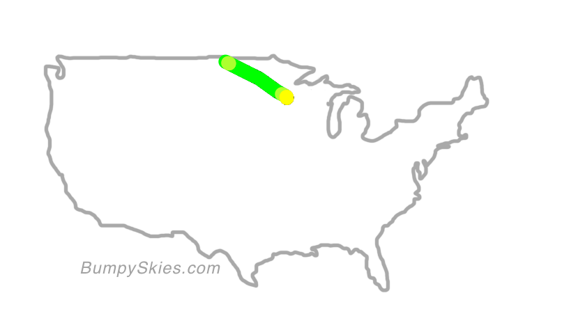 Map of continental US with illustrated flight path and turbulence forecast (described in text below)