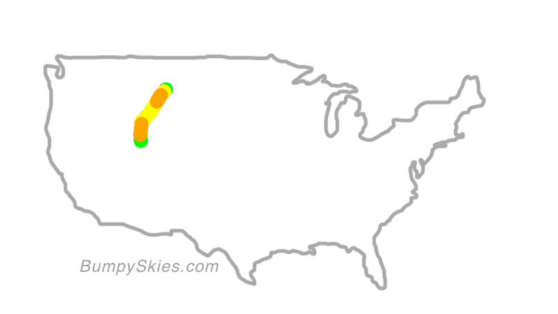 Map of continental US with illustrated flight path and turbulence forecast (described in text below)
