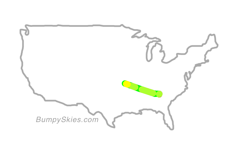 Map of continental US with illustrated flight path and turbulence forecast (described in text below)