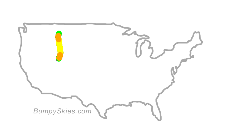 Map of continental US with illustrated flight path and turbulence forecast (described in text below)