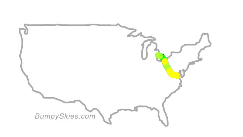 Map of continental US with illustrated flight path and turbulence forecast (described in text below)