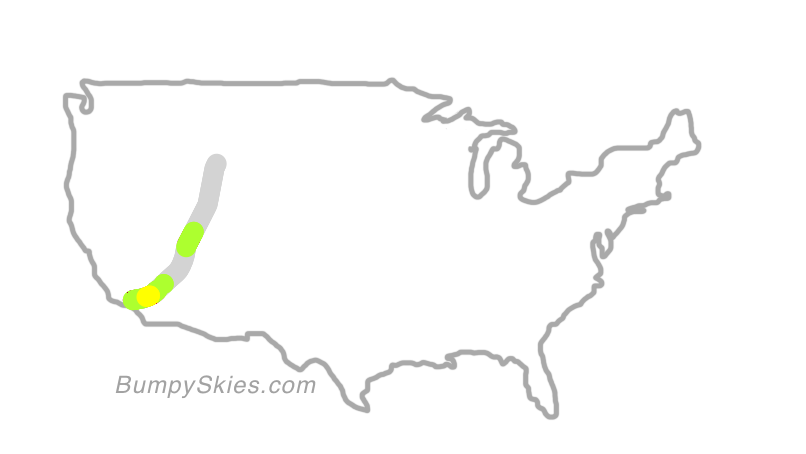 Map of continental US with illustrated flight path and turbulence forecast (described in text below)