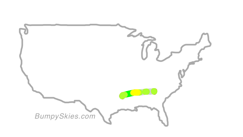 Map of continental US with illustrated flight path and turbulence forecast (described in text below)