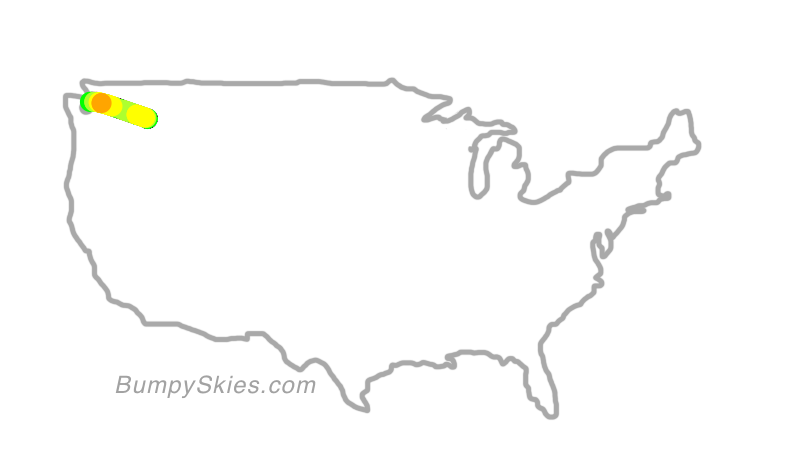 Map of continental US with illustrated flight path and turbulence forecast (described in text below)