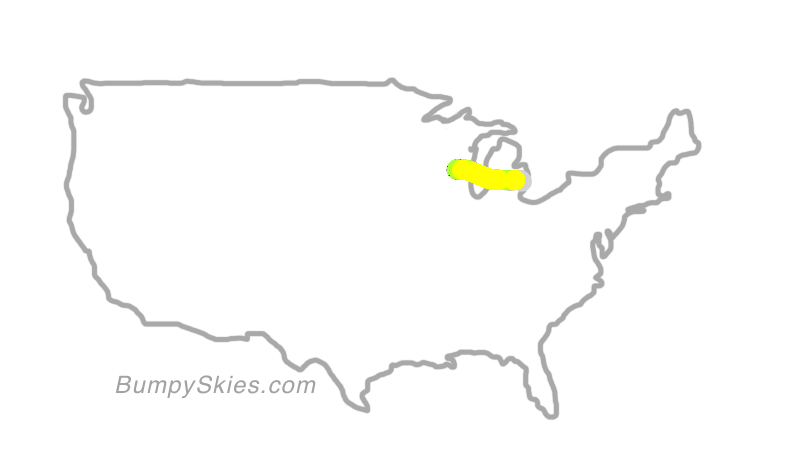Map of continental US with illustrated flight path and turbulence forecast (described in text below)