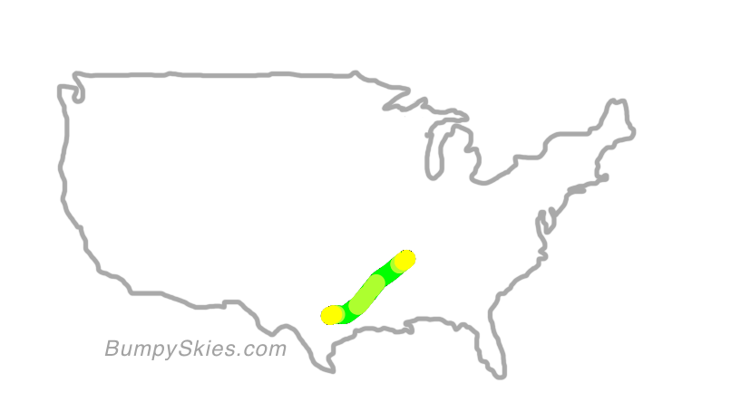 Map of continental US with illustrated flight path and turbulence forecast (described in text below)