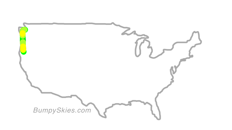 Map of continental US with illustrated flight path and turbulence forecast (described in text below)