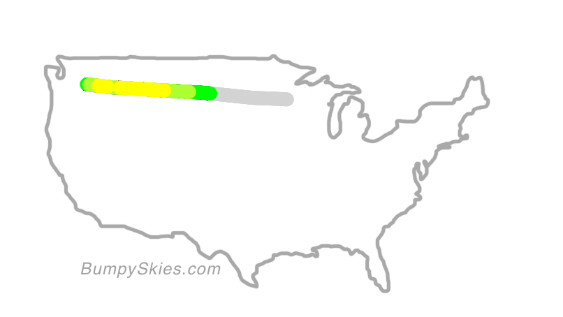 Map of continental US with illustrated flight path and turbulence forecast (described in text below)
