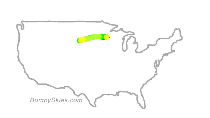Map of continental US with illustrated flight path and turbulence forecast (described in text below)