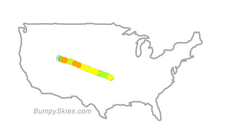 Map of continental US with illustrated flight path and turbulence forecast (described in text below)