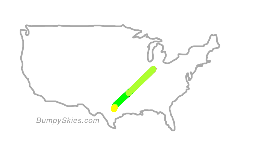 Map of continental US with illustrated flight path and turbulence forecast (described in text below)