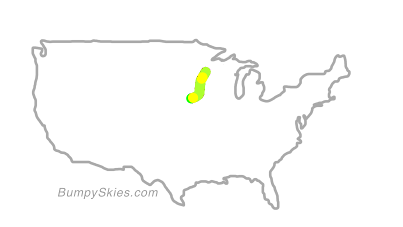 Map of continental US with illustrated flight path and turbulence forecast (described in text below)